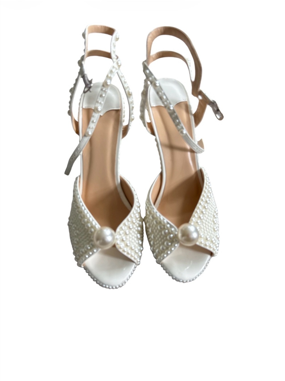 Pearl-Embellished White Peep-Toe Ankle Strap Heels